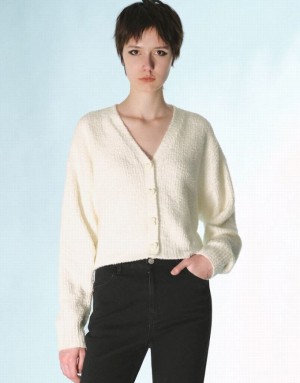 White Urban Revivo V-Neck Knitted Women's Cardigan | WKBZMA-405