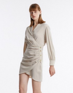 Yellow Urban Revivo Chiffon Ruched Wrap Women's Casual Dress | DRAMJF-780