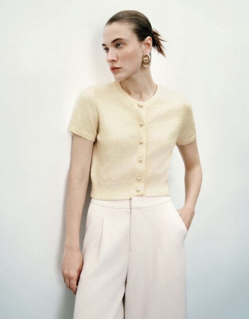 Beige Urban Revivo Crew Neck Knitted Women's Cardigan | RHQXWT-409