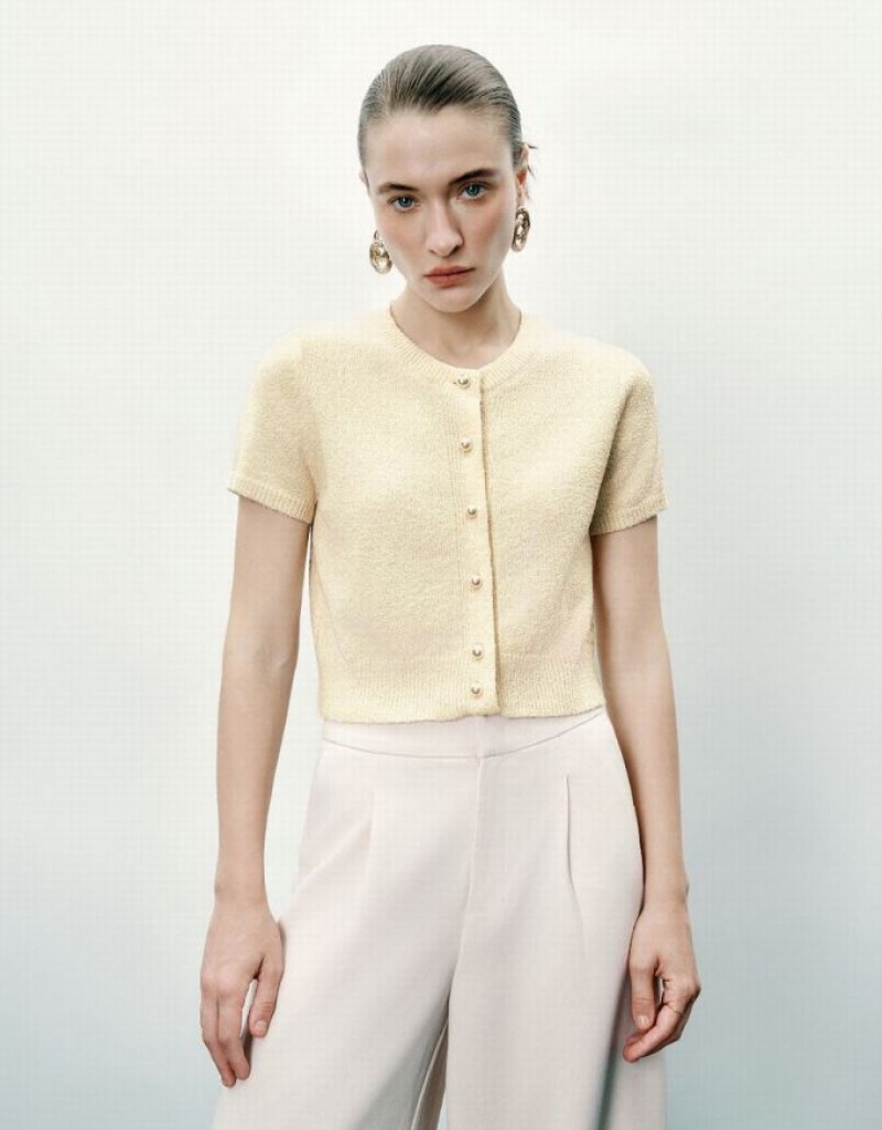 Beige Urban Revivo Crew Neck Knitted Women\'s Cardigan | RHQXWT-409