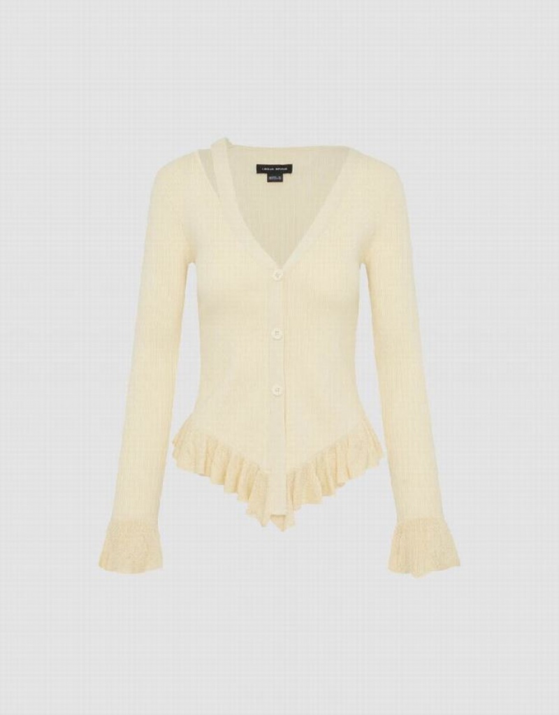 Beige Urban Revivo Ruffle Hem V-Neck Knitted Women's Cardigan | UCVYIP-461