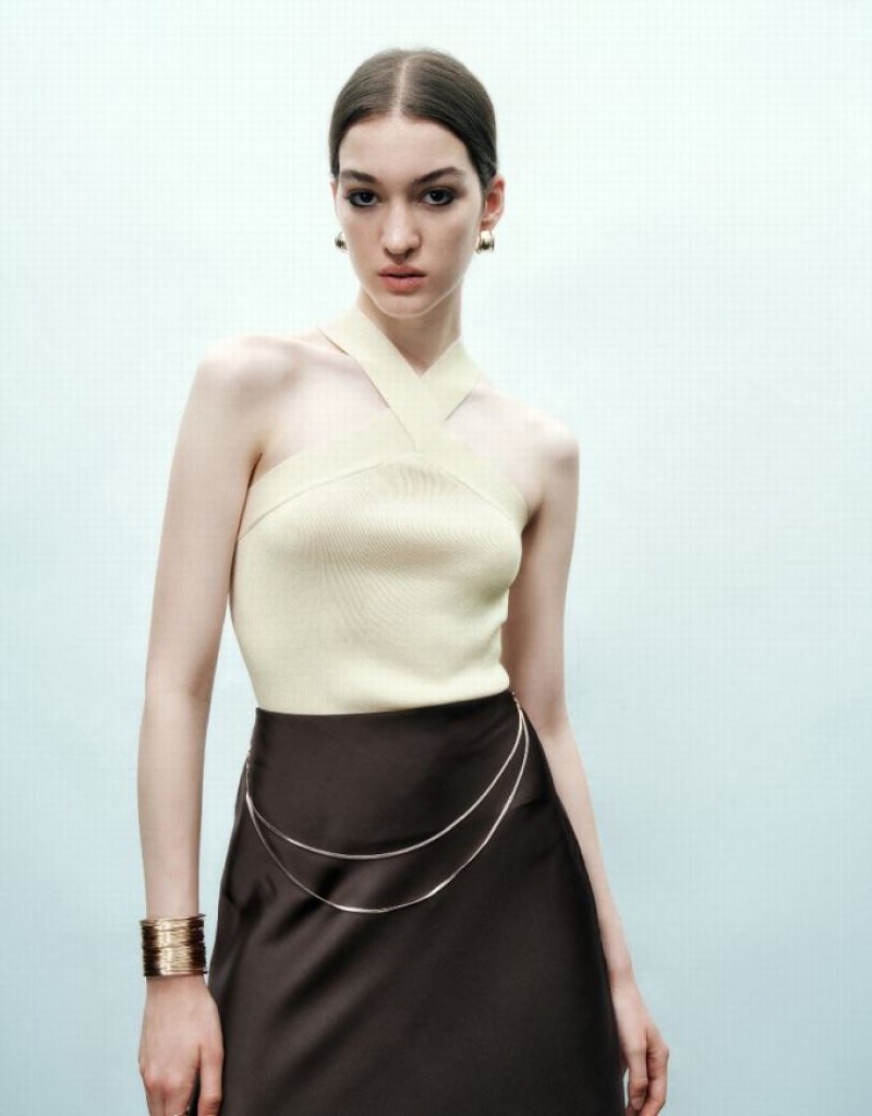 Beige Urban Revivo Sleeveless Skinny Knitted Top Women's Cardigan | RSMQFW-635