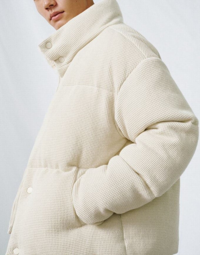 Beige Urban Revivo Stand Collar Straight Men's Down Jackets | REKVSD-645