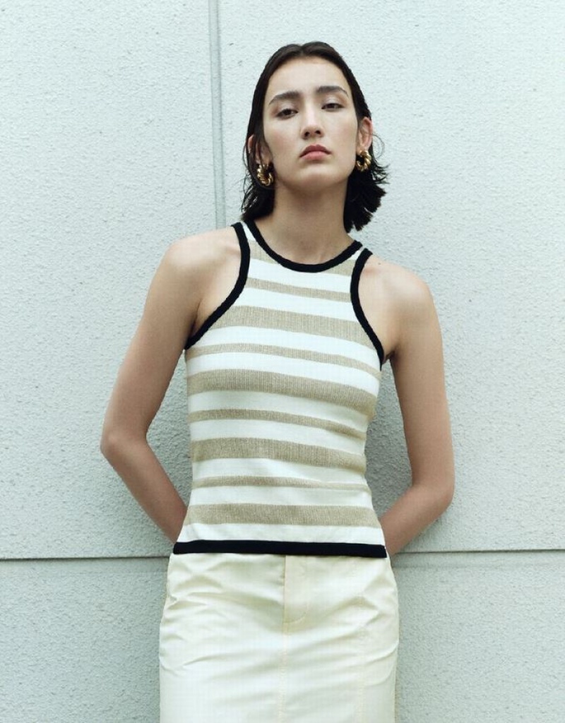 Beige Urban Revivo Striped Knitted Women\'s Cardigan | QRLIBG-267