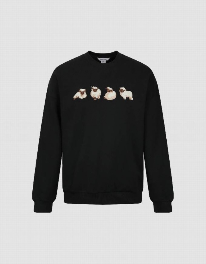 Black Urban Revivo Animals Printed Crew Neck Men's Sweatshirts | BOCEXY-781