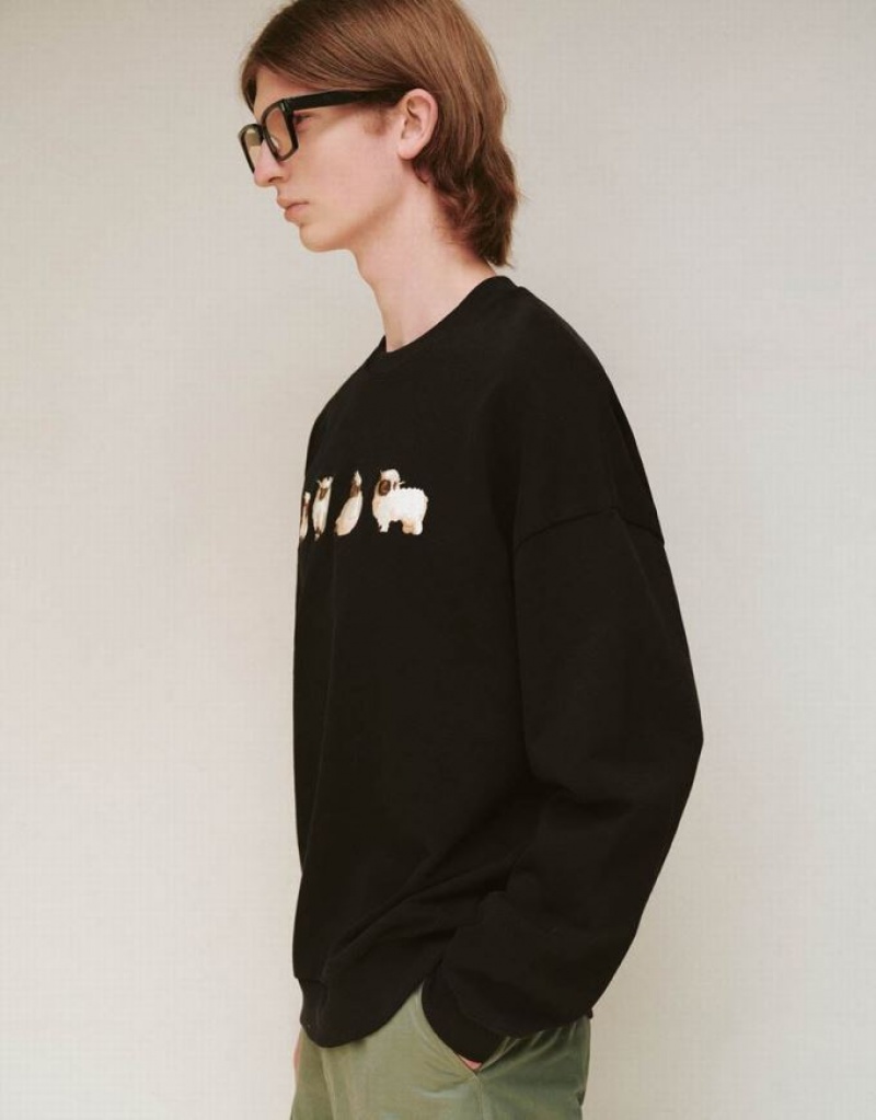Black Urban Revivo Animals Printed Crew Neck Men's Sweatshirts | BOCEXY-781