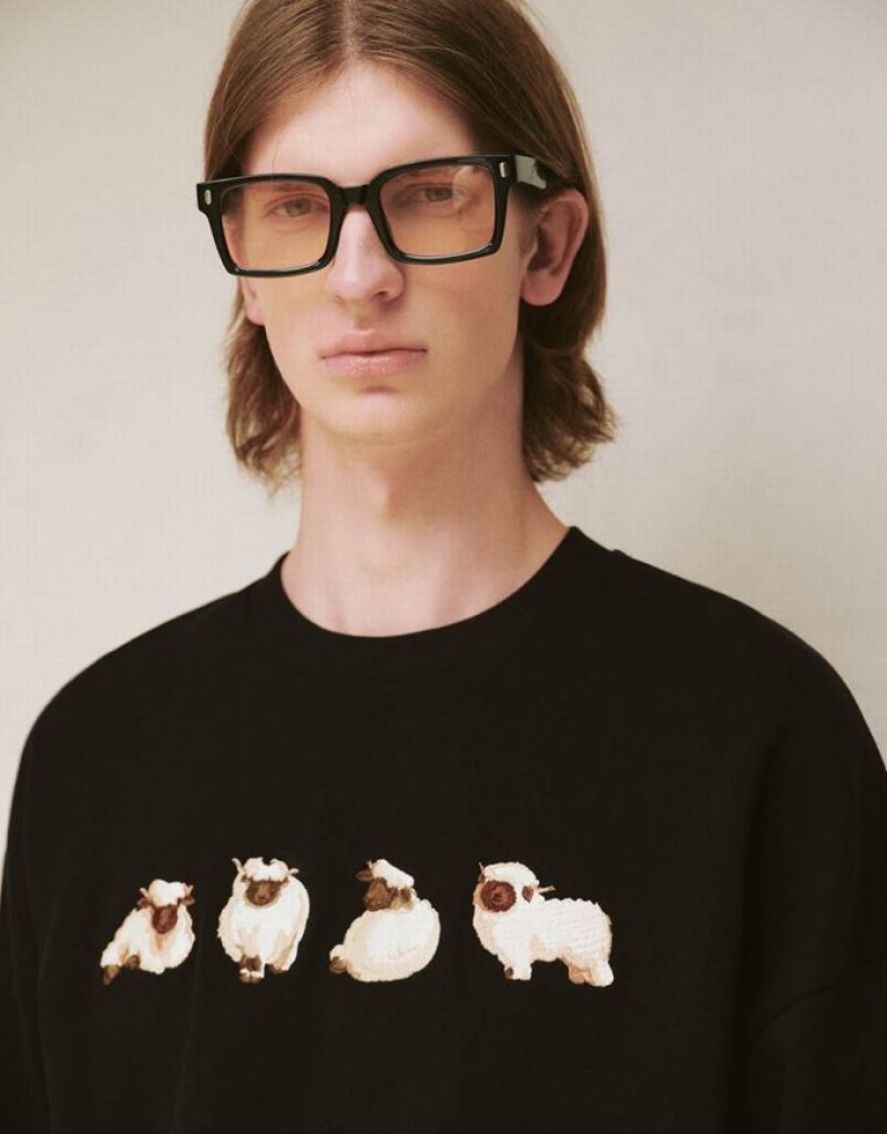 Black Urban Revivo Animals Printed Crew Neck Men's Sweatshirts | BOCEXY-781