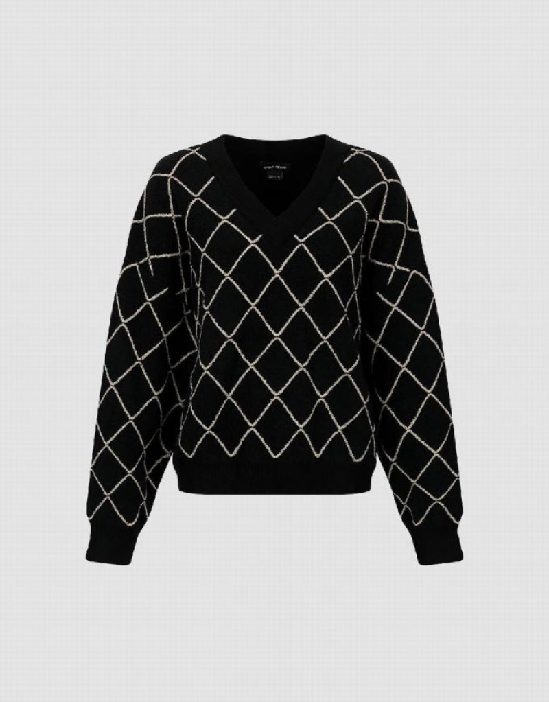 Black Urban Revivo Argyle Printed V-Neck Knitted Women's Cardigan | CLGJPI-482