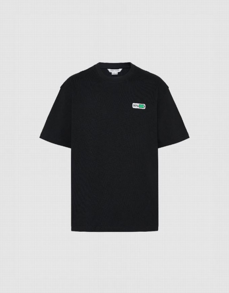 Black Urban Revivo Battery Printed Crew Neck Men's T-Shirts | XUAZCR-670