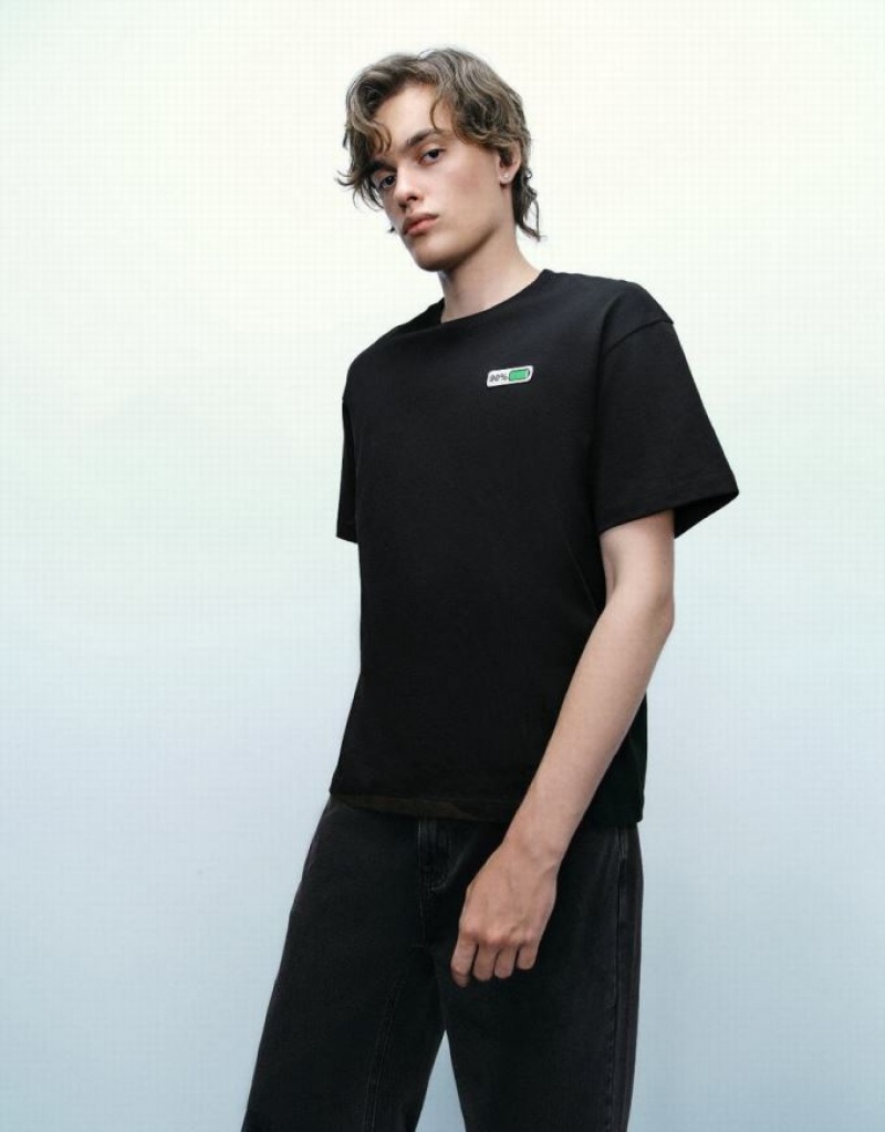 Black Urban Revivo Battery Printed Crew Neck Men's T-Shirts | XUAZCR-670