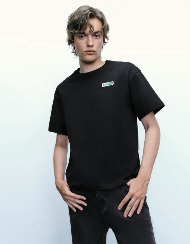 Black Urban Revivo Battery Printed Crew Neck Men\'s T-Shirts | XUAZCR-670