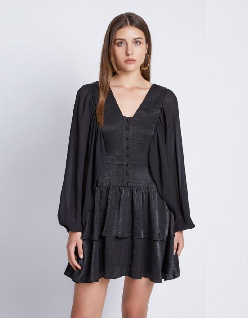 Black Urban Revivo Batwing Button Front Tiered Ruffle Hem Women's Casual Dress | NPYZXH-348
