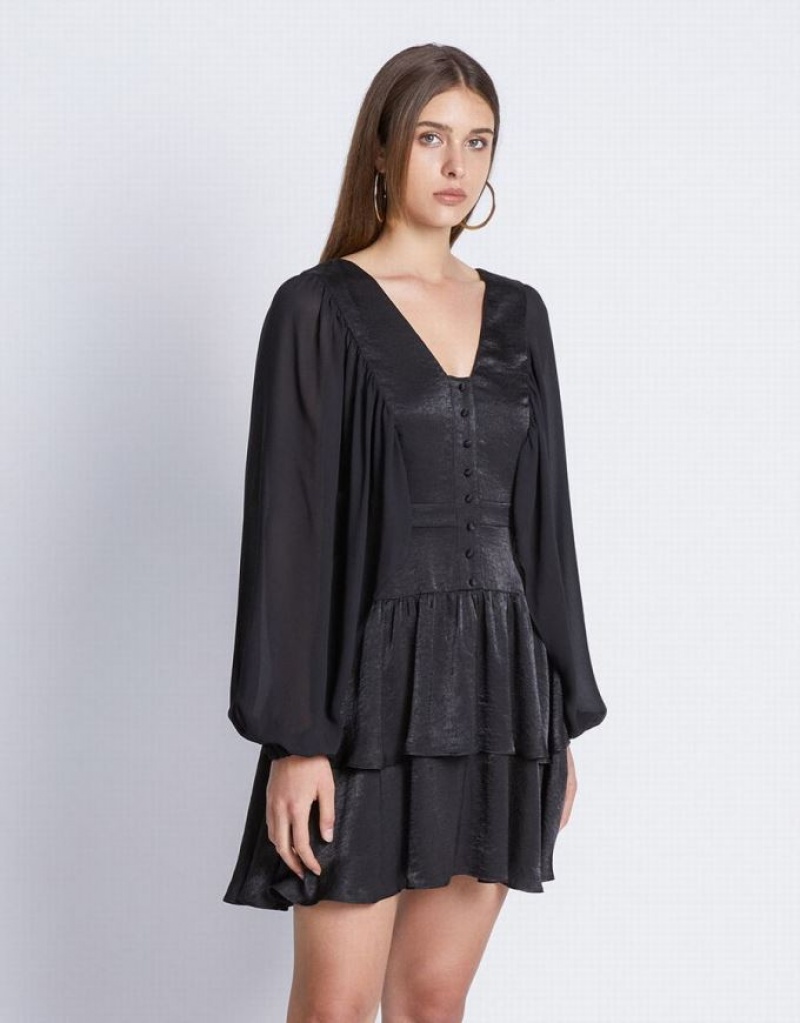Black Urban Revivo Batwing Button Front Tiered Ruffle Hem Women's Casual Dress | NPYZXH-348