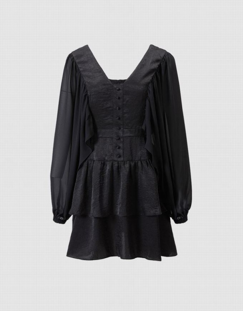 Black Urban Revivo Batwing Button Front Tiered Ruffle Hem Women\'s Casual Dress | NPYZXH-348
