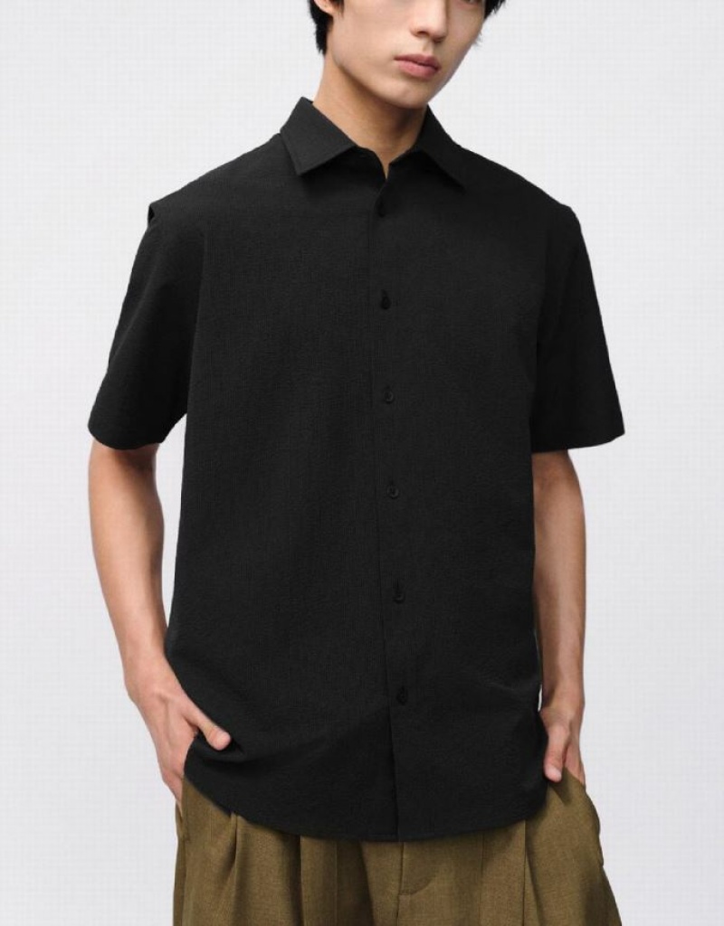 Black Urban Revivo Button Up Loose Men's Shirts | BUVWZT-683