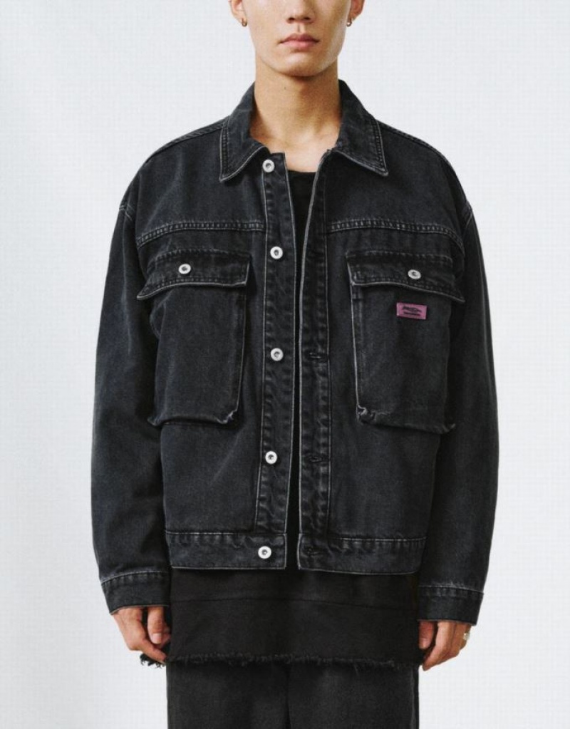 Black Urban Revivo Button Up Men's Denim Jackets | KUANMS-502