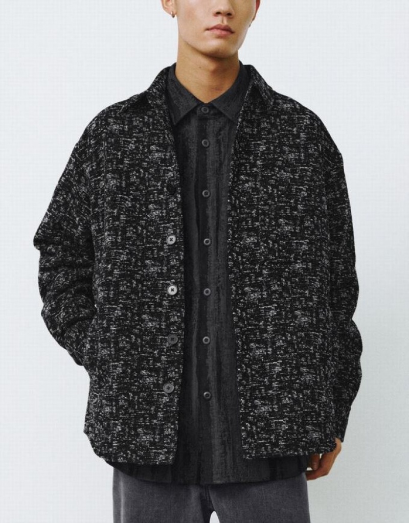 Black Urban Revivo Button Up Printed Men's Jacket | CRQEYZ-720