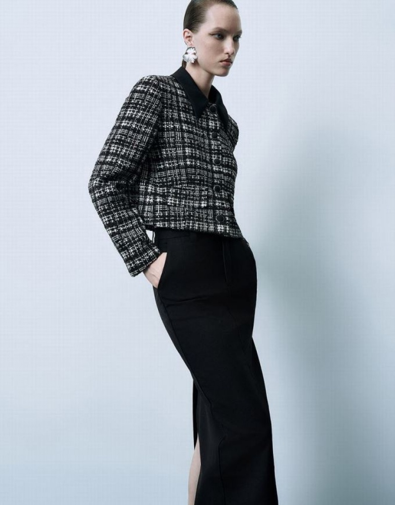 Black Urban Revivo Button Up Tweed Women's Jacket | XUPGVO-785