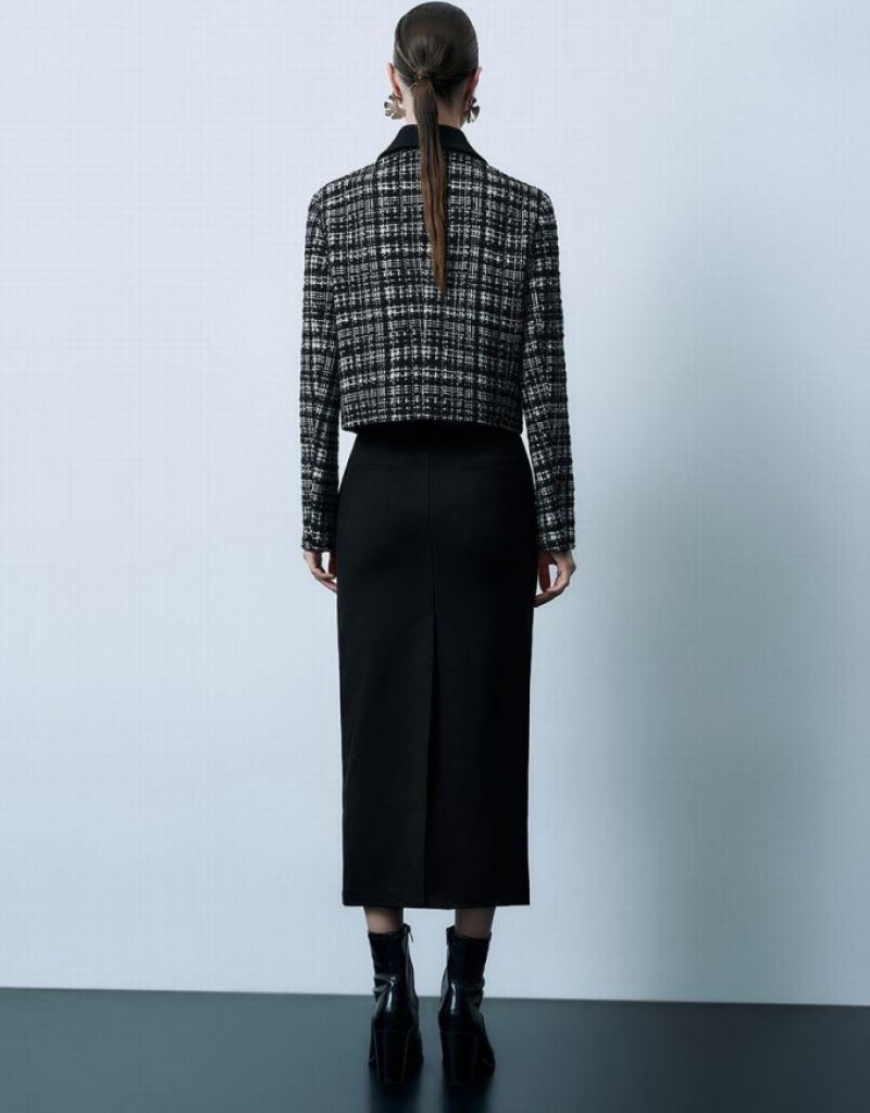 Black Urban Revivo Button Up Tweed Women's Jacket | XUPGVO-785