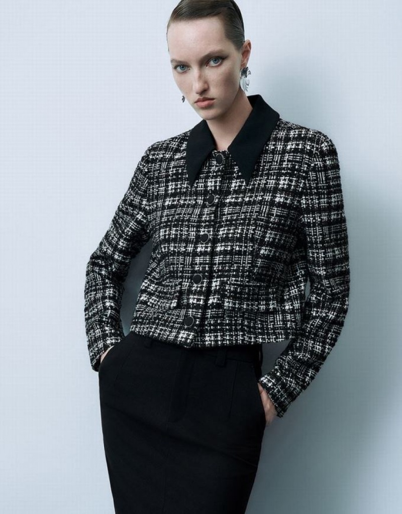 Black Urban Revivo Button Up Tweed Women\'s Jacket | XUPGVO-785