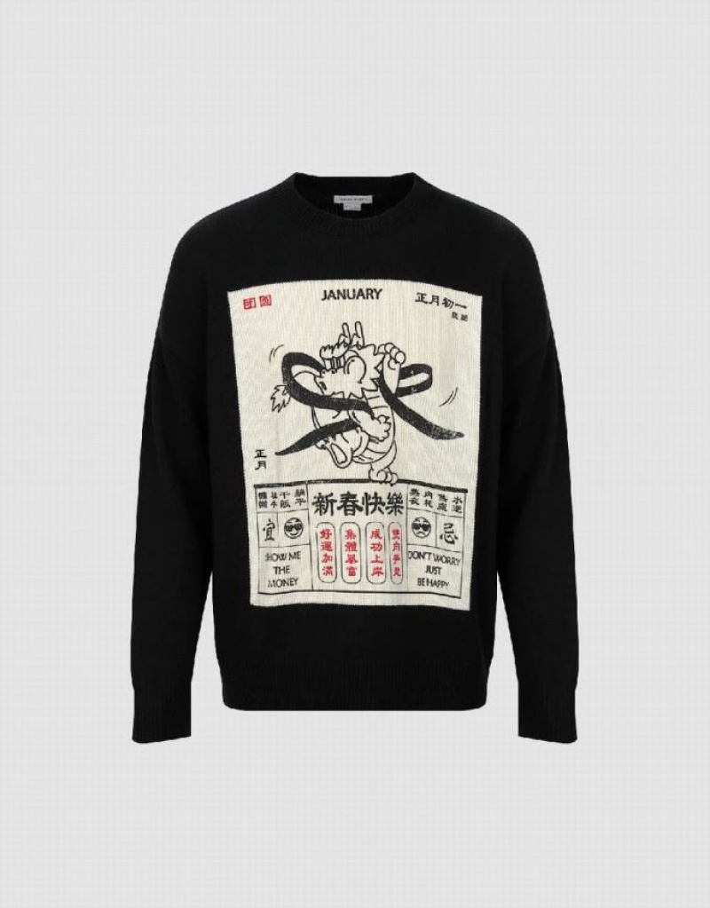Black Urban Revivo Calendar Printed Men's Sweaters | UVFTEH-470