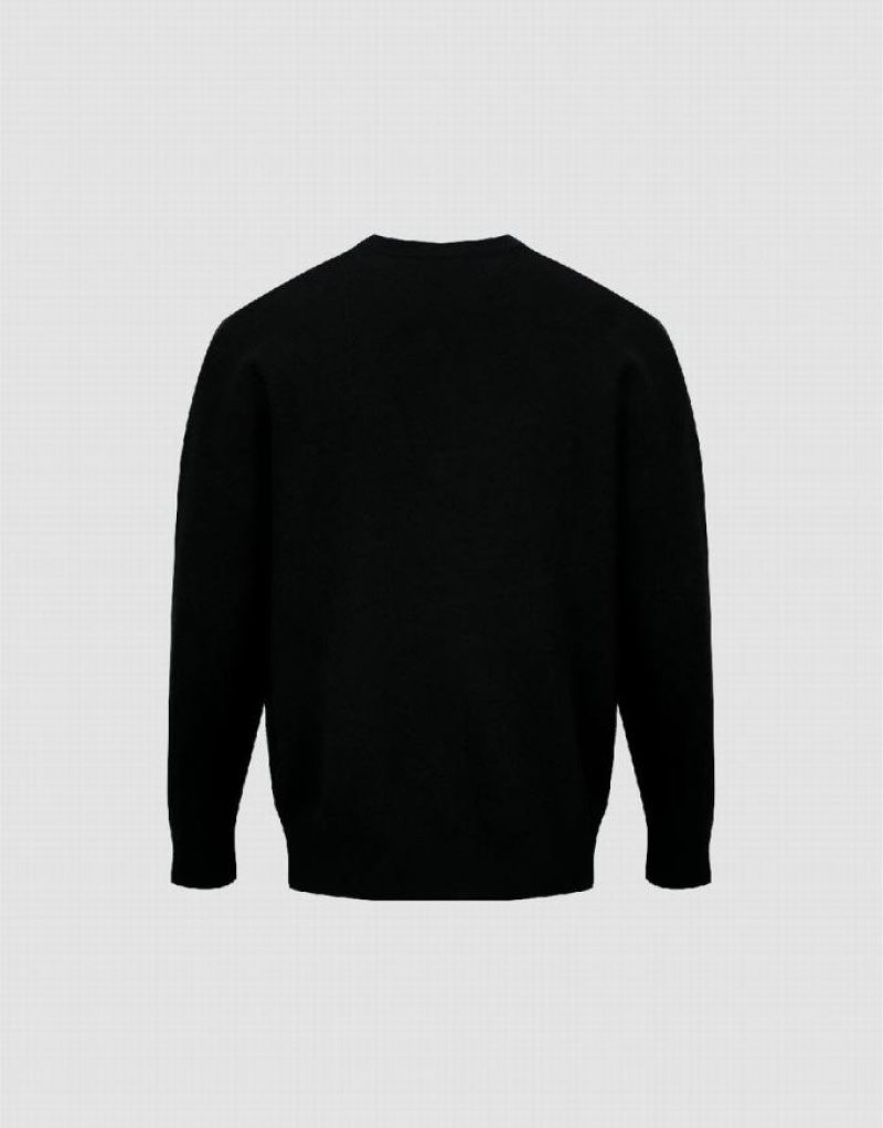 Black Urban Revivo Cartoon Embroidered Crew Neck Men's Sweaters | KNRSJD-253