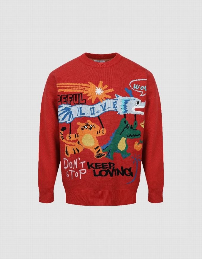 Black Urban Revivo Cartoon Embroidered Crew Neck Men's Sweaters | KNRSJD-253