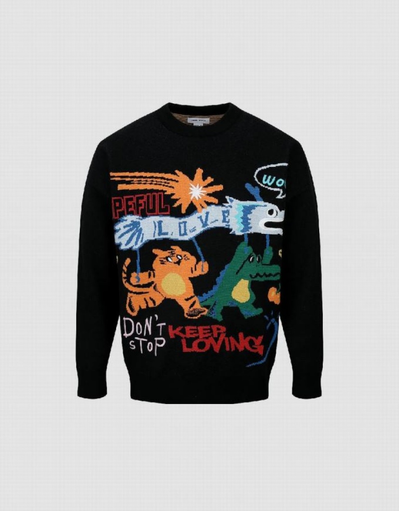 Black Urban Revivo Cartoon Embroidered Crew Neck Men\'s Sweaters | KNRSJD-253