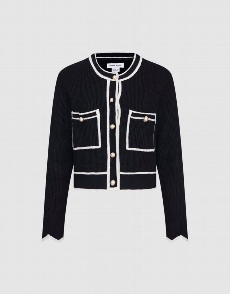 Black Urban Revivo Contrast Trim Tweed Women's Cardigan | ITHNJQ-952