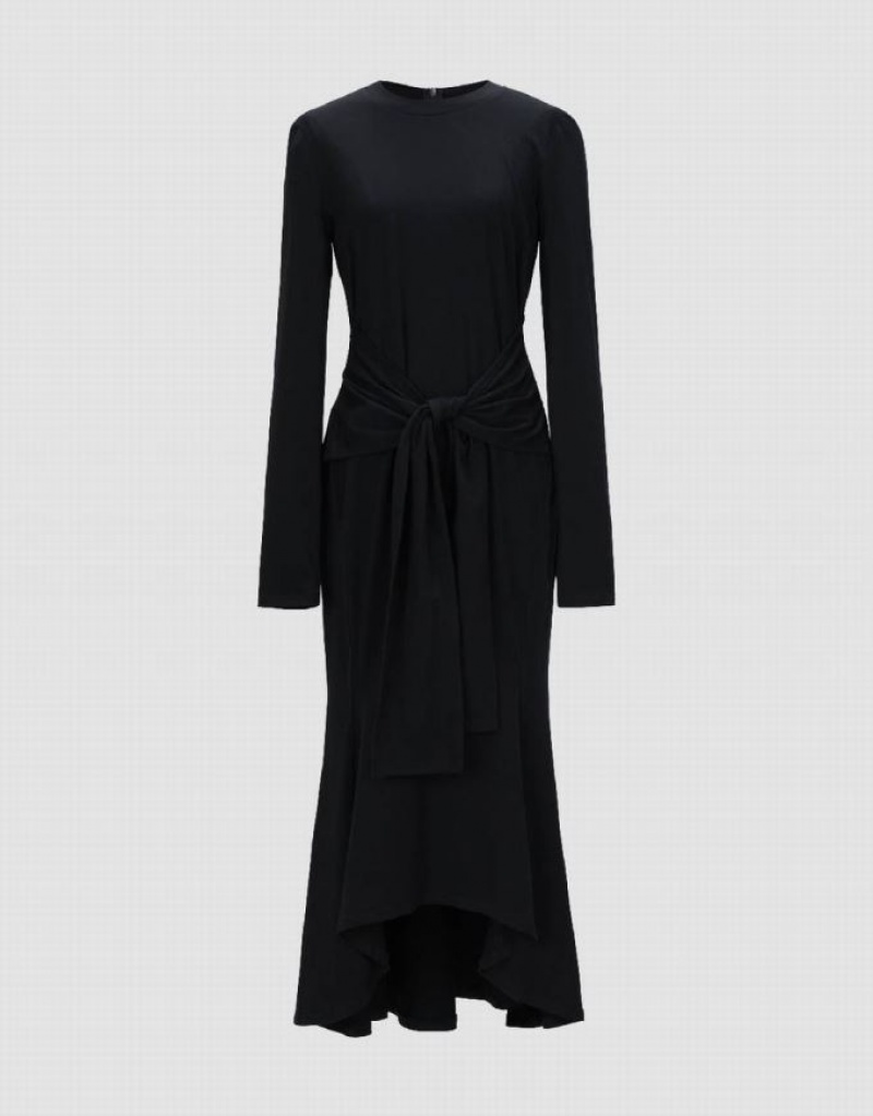 Black Urban Revivo Crew Neck A-Line Women's Dress | EIALMN-749