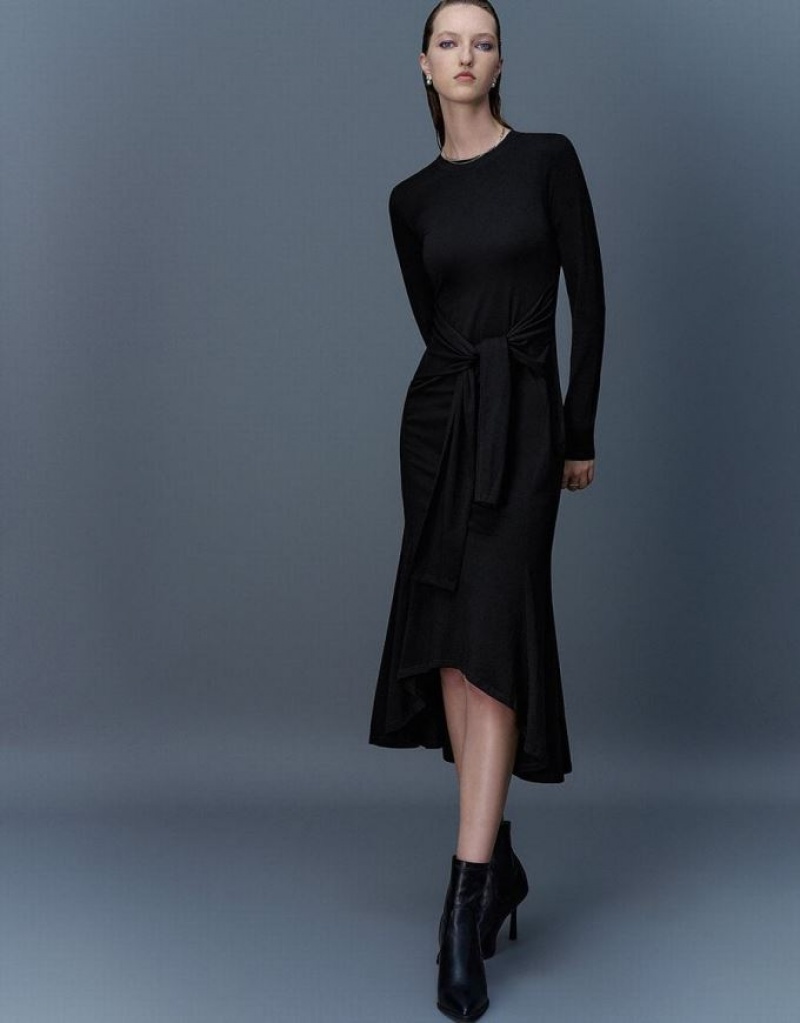 Black Urban Revivo Crew Neck A-Line Women's Dress | EIALMN-749