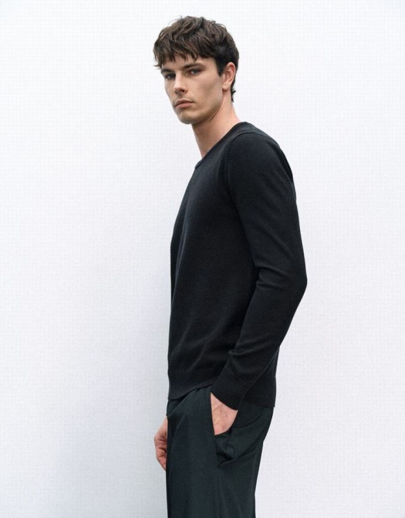 Black Urban Revivo Crew Neck Knitted Men's Cardigan | PHSVZE-307