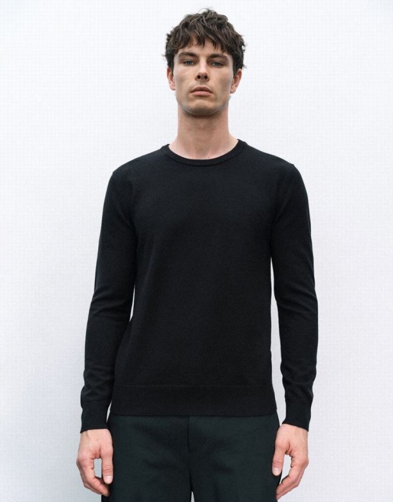 Black Urban Revivo Crew Neck Knitted Men\'s Cardigan | PHSVZE-307