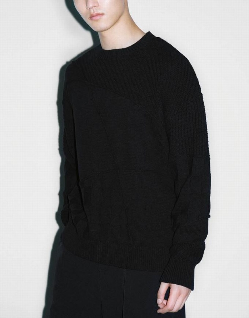 Black Urban Revivo Crew Neck Knitted Men's Cardigan | VPCYBW-069