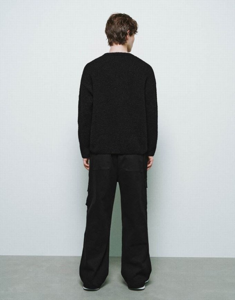 Black Urban Revivo Crew Neck Knitted Men's Cardigan | ZIVSWN-452