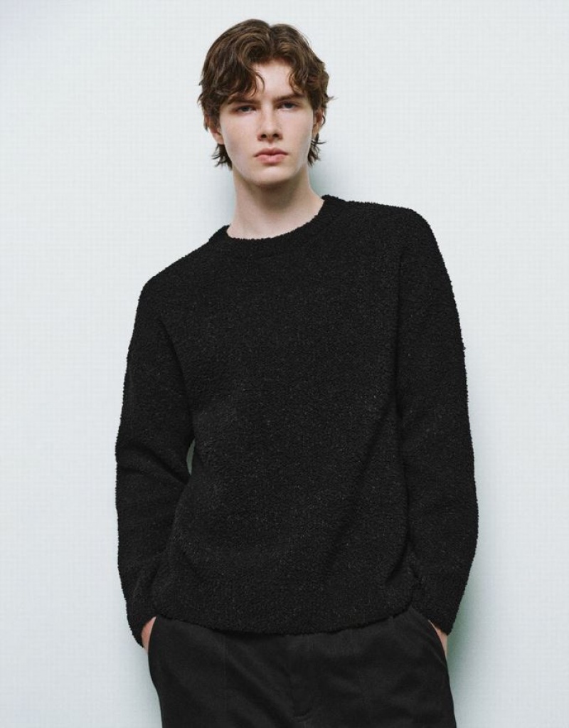 Black Urban Revivo Crew Neck Knitted Men\'s Cardigan | ZIVSWN-452