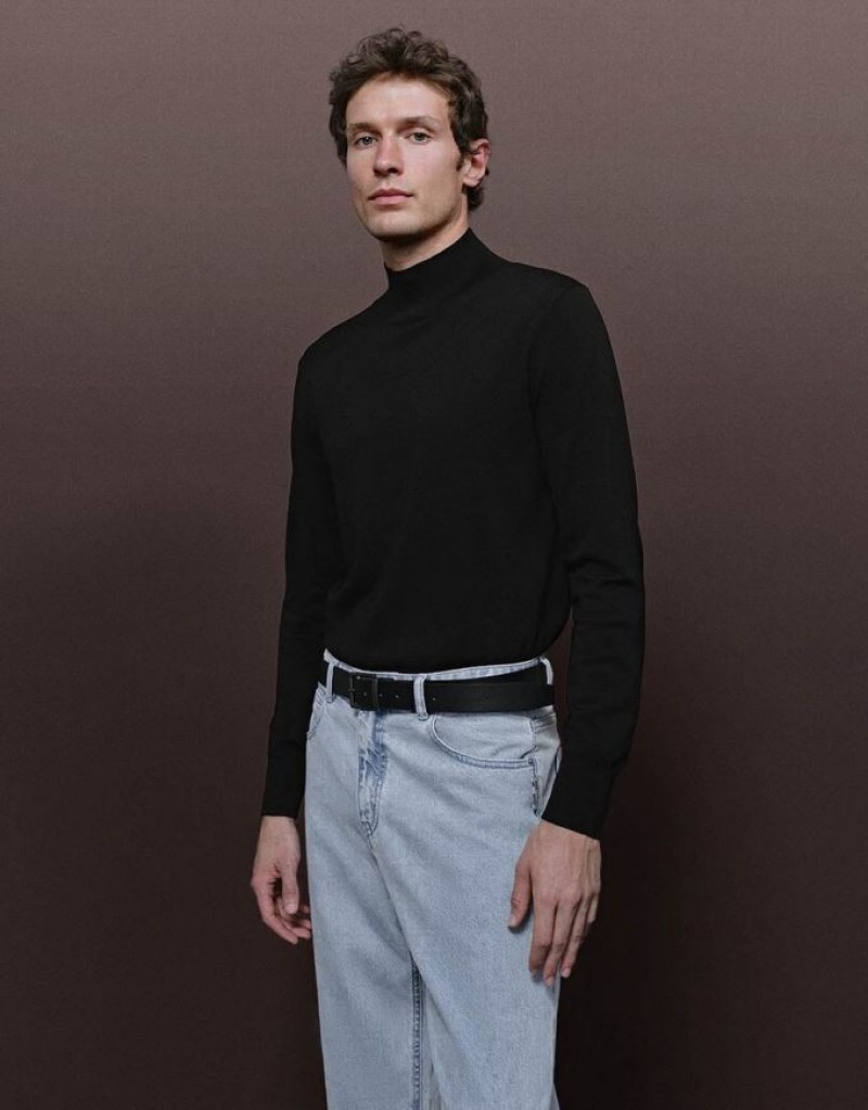 Black Urban Revivo Crew Neck Knitted Men's Cardigan | EUQARG-048
