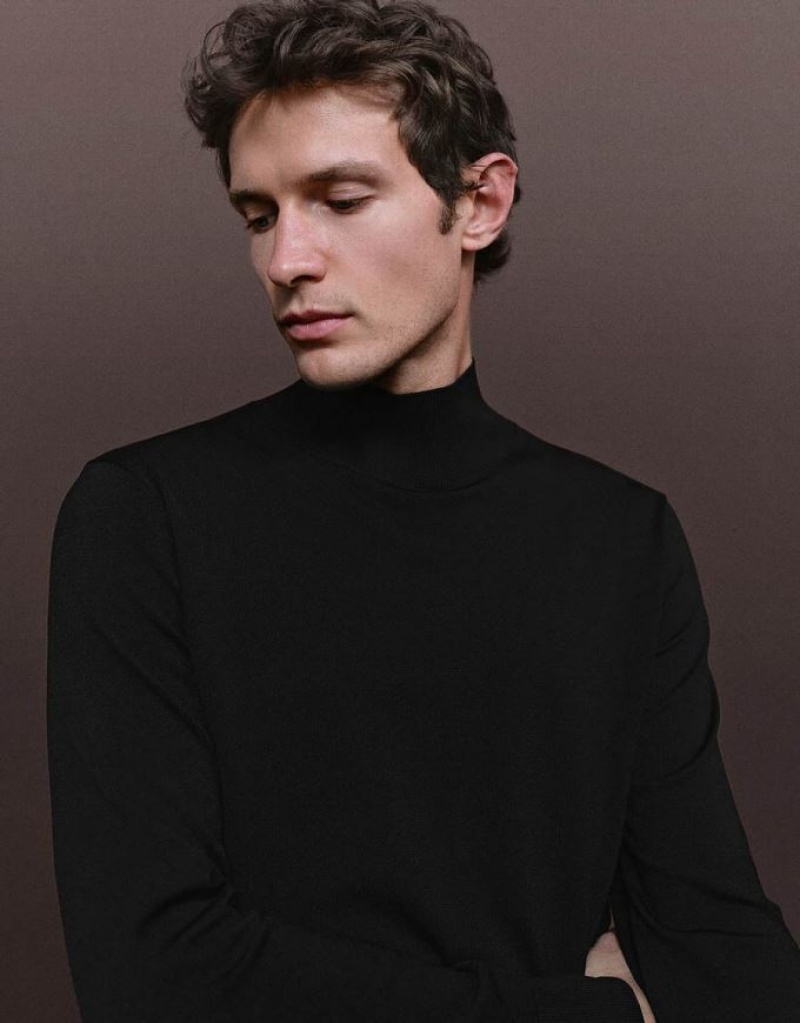 Black Urban Revivo Crew Neck Knitted Men's Cardigan | EUQARG-048