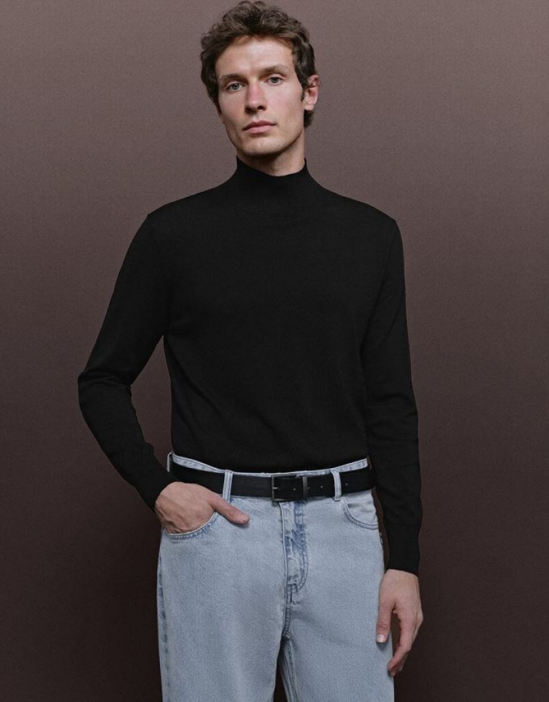 Black Urban Revivo Crew Neck Knitted Men\'s Cardigan | EUQARG-048