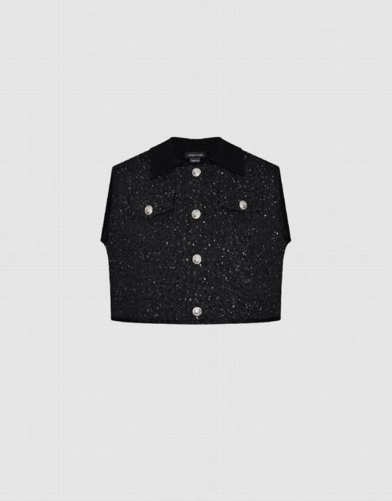 Black Urban Revivo Crew Neck Knitted Waistcoat Women's Cardigan | JXHLBA-603