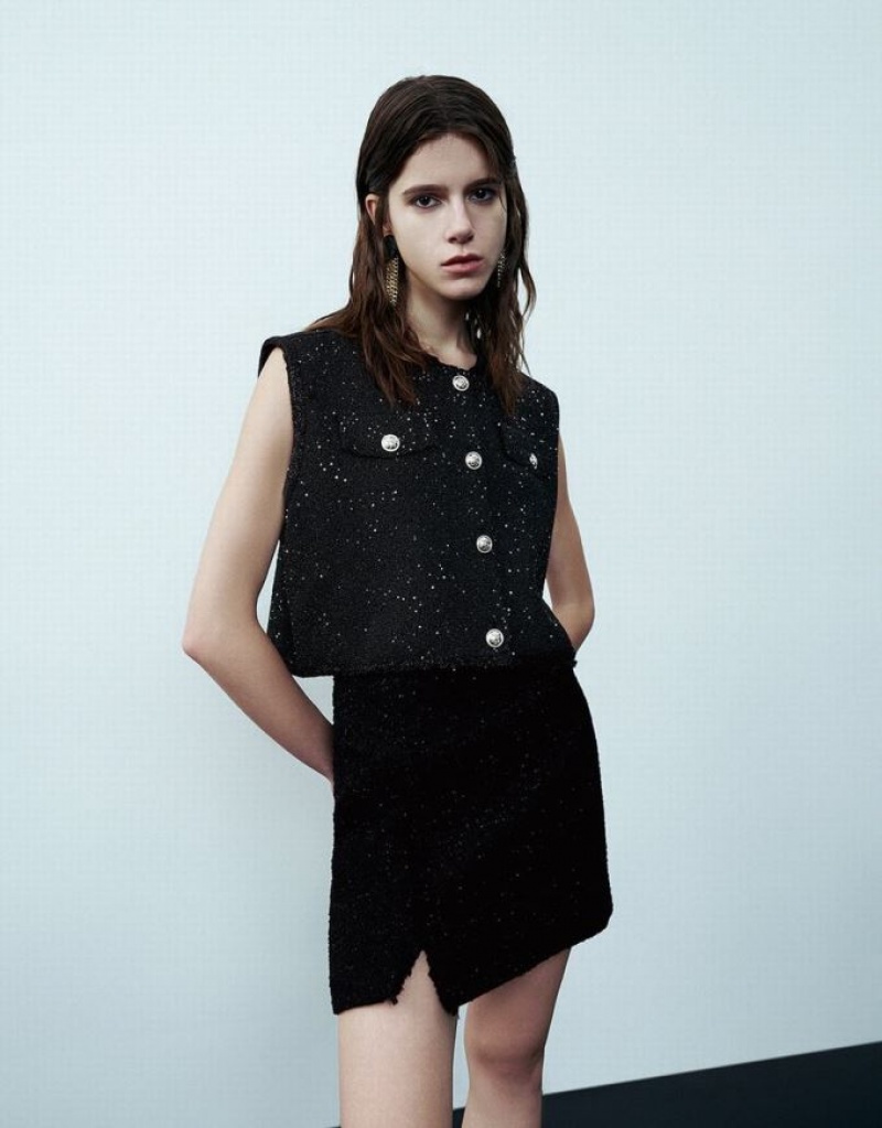 Black Urban Revivo Crew Neck Knitted Waistcoat Women's Cardigan | JXHLBA-603