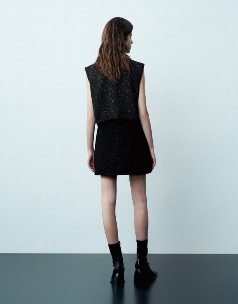Black Urban Revivo Crew Neck Knitted Waistcoat Women's Cardigan | JXHLBA-603