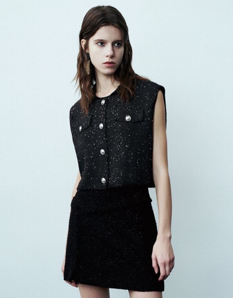Black Urban Revivo Crew Neck Knitted Waistcoat Women\'s Cardigan | JXHLBA-603