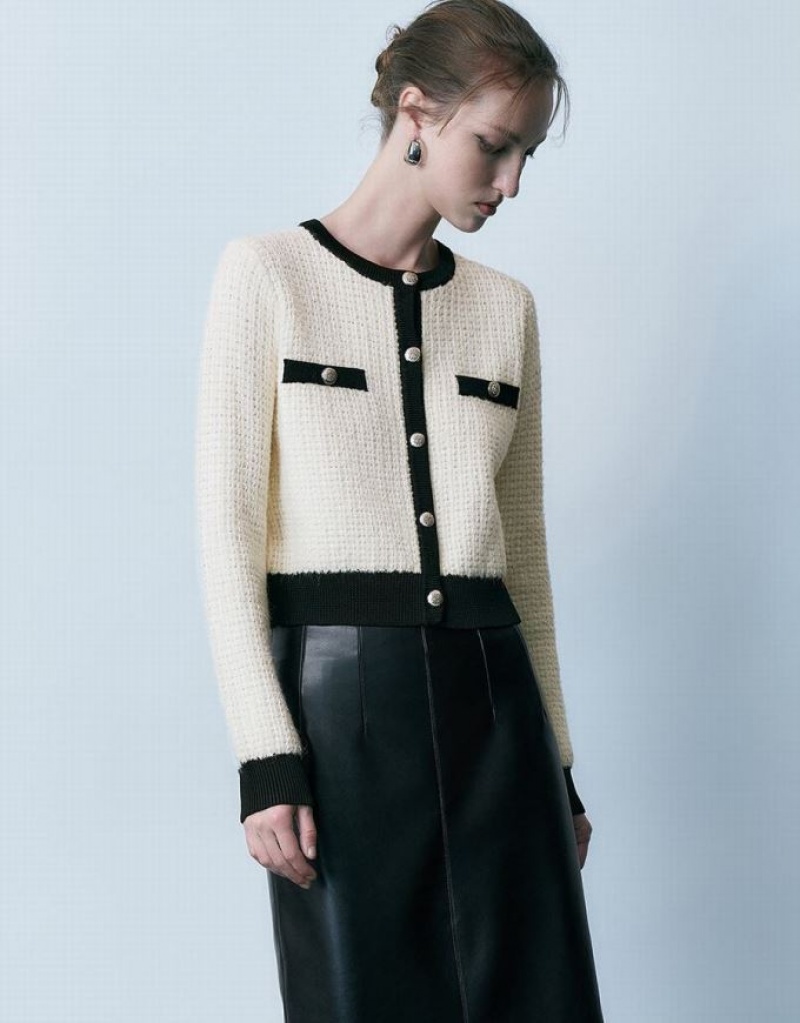 Black Urban Revivo Crew Neck Knitted Women's Cardigan | WMFZHR-695