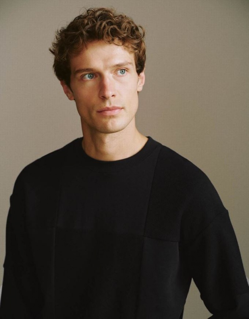 Black Urban Revivo Crew Neck Men's Sweatshirts | IGMABY-207