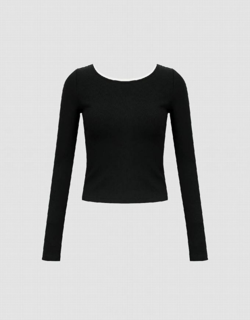 Black Urban Revivo Crew Neck Skinny Women's T-Shirts | QVCESD-360