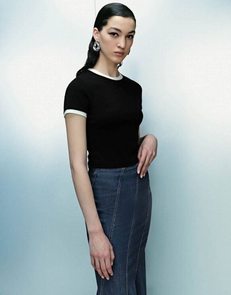 Black Urban Revivo Crew Neck Skinny Women's T-Shirts | KPREJT-152