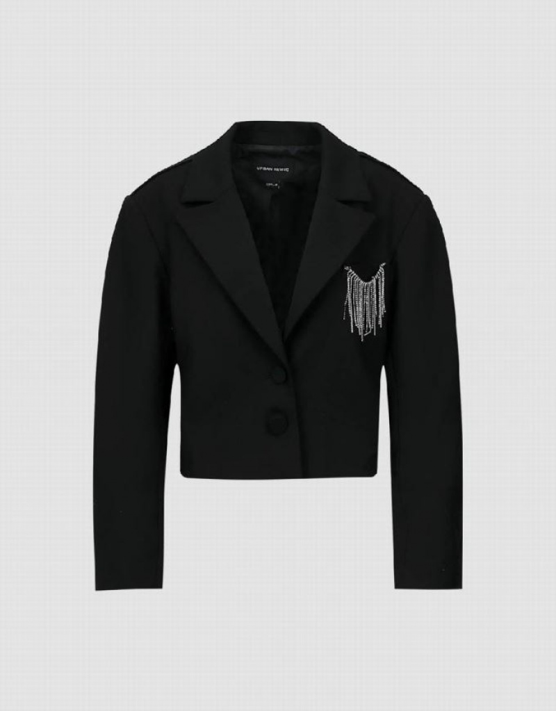 Black Urban Revivo Cropped With Chain Decor Women's Blazers | NOMJUB-504