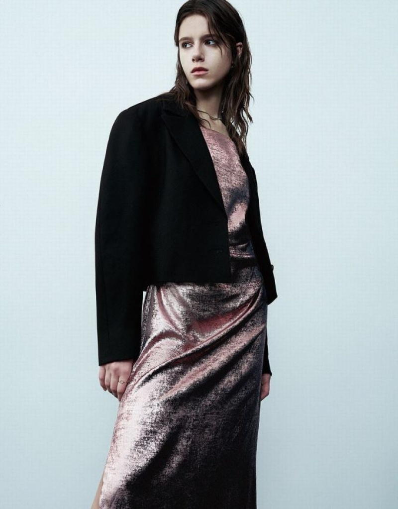 Black Urban Revivo Cropped With Chain Decor Women's Blazers | NOMJUB-504