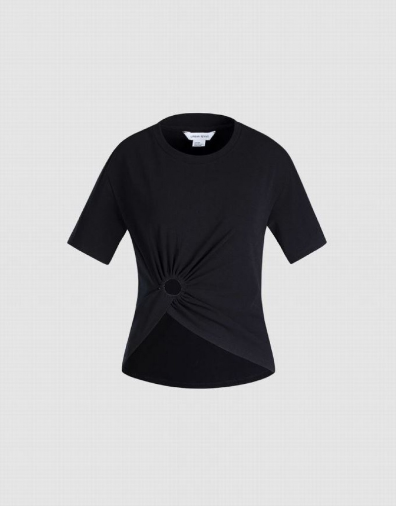 Black Urban Revivo Cropped With Ring Detail Women's T-Shirts | TDNZLI-187